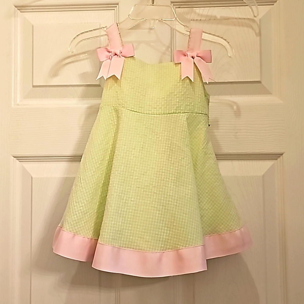 Bonnie Jean Lime Green Ghingham with Pink Bows & Trim Sundress 12 Months
